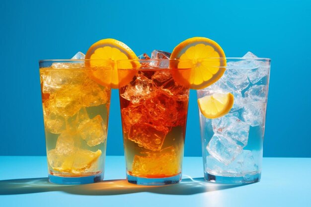 three glasses of ice water one with orange slices and one with orange slice