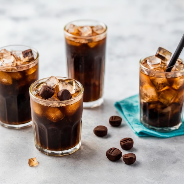 three glasses of iced coffee sit on a table with a straw