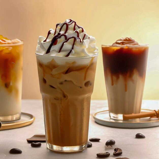 three glasses of iced coffee with whipped cream and chocolate sauce.