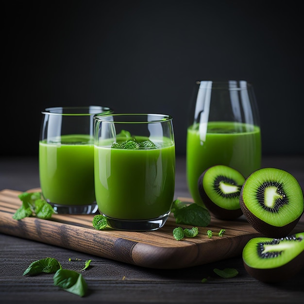 Three glasses of kiwi juice sit on a wooden board with a black background.