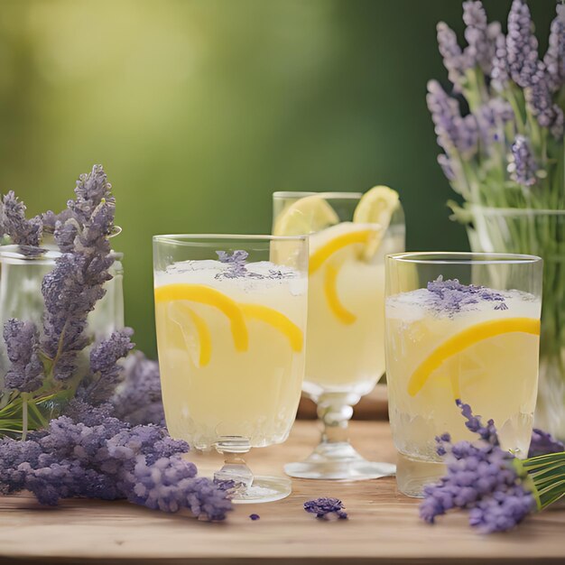 Photo three glasses of lavender with a lemon wedge on the side