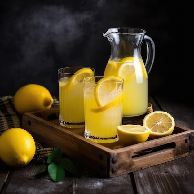 Three glasses of lemonade with lemons on a wooden tray.