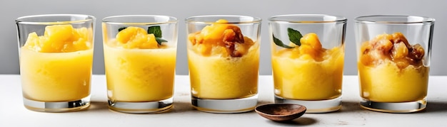 Three glasses of mango smoothie on a table with a spoon