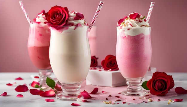 three glasses of milk one with roses and the other with a pink background