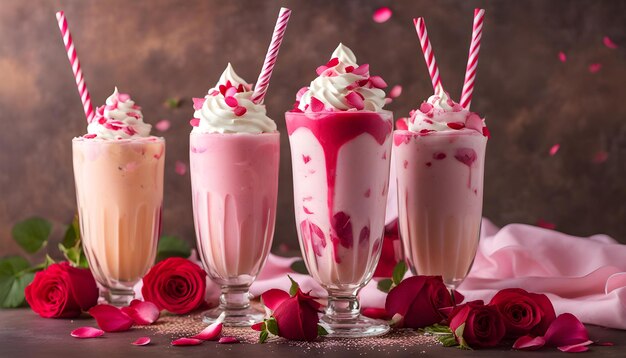 three glasses of milkshake with strawberries and a pink strawberries in the middle