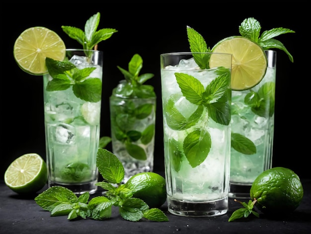 Three Glasses Of Mojito With Limes And Mint