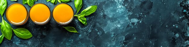 Three glasses of orange juice are on a table with green leaves