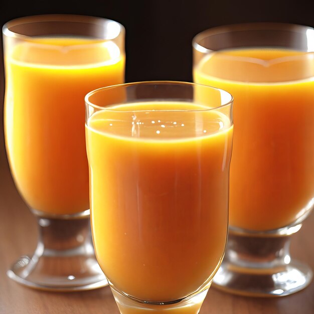 Three glasses of orange juice are on a table with one that says'o'on it '