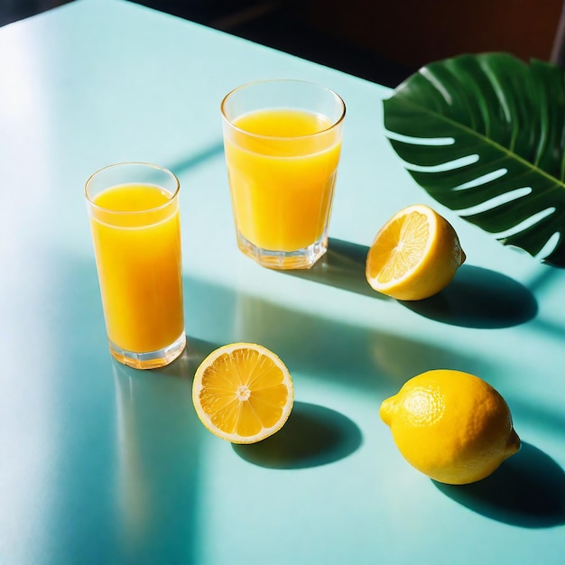 three glasses of orange juice sit on a table with a leaf in the background