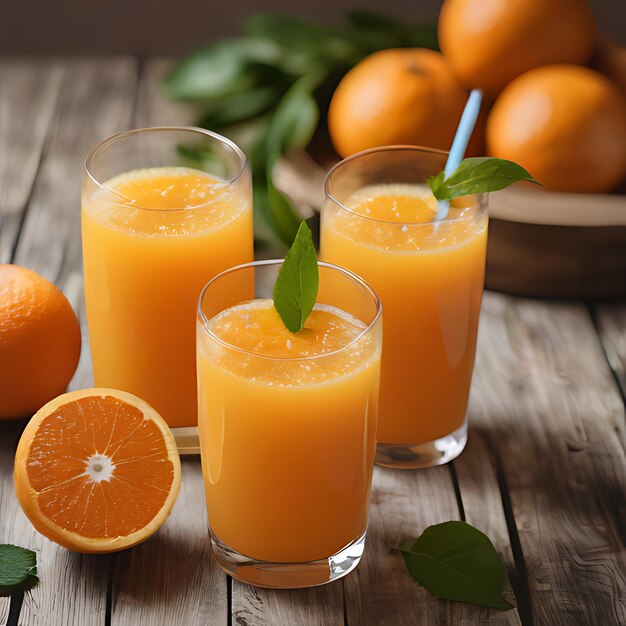 오렌지 주스 세 잔이 나무 테이블 위에 앉아 있고, 중앙에는 이 있다.