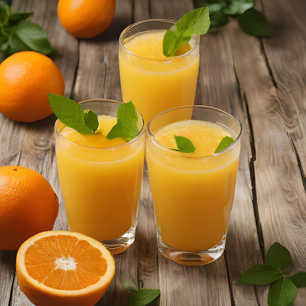 three glasses of orange juice sit on a wooden table