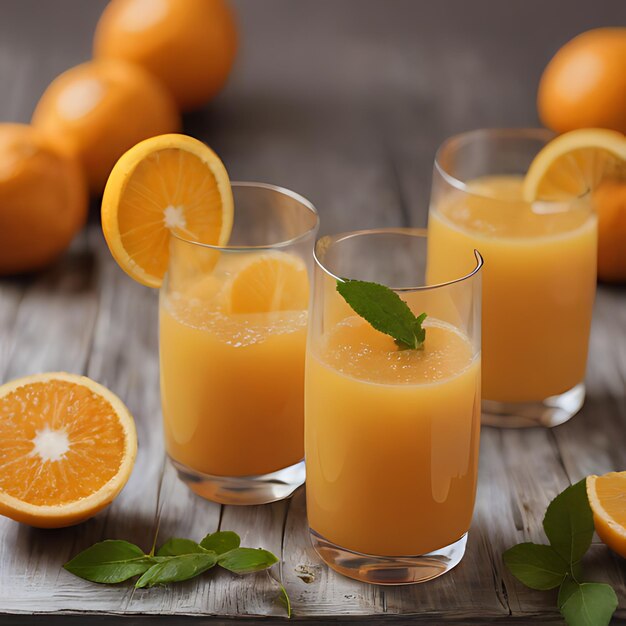 three glasses of orange juice sit on a wooden table