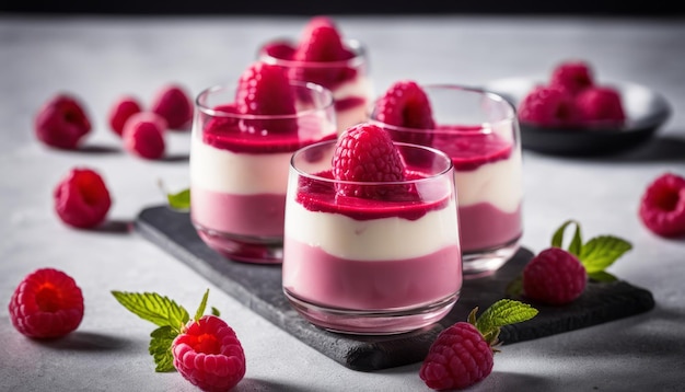 Photo three glasses of raspberry dessert