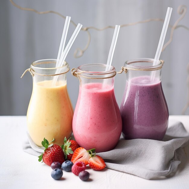 Three glasses of smoothies with straws and blueberries on a table.