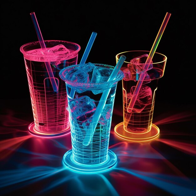 Three glasses of soda and ice with straws in them generative ai
