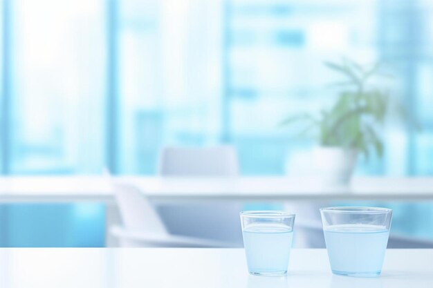 three glasses of water sit on a table with a plant in the background