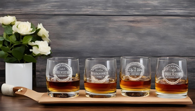 Photo three glasses of whiskey sit on a wooden tray
