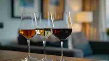 Photo three glasses of wine on a wooden table with a blurred living room in the background