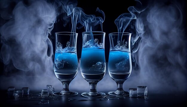 Three glasses with blue liquid and smoke on a dark blue backgroundgenerative ai