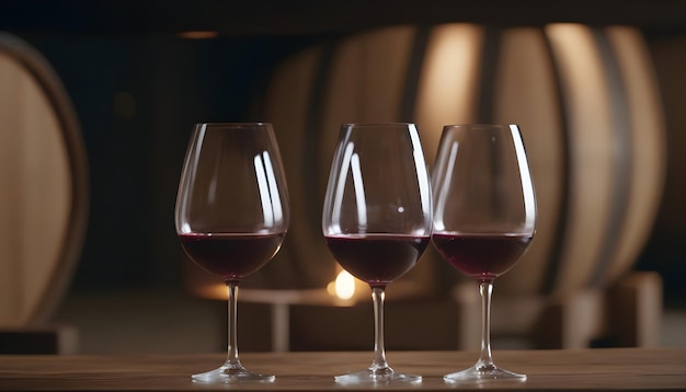 Three glasses with red wine on a background of barrels