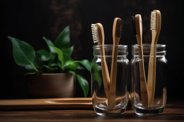 Three glasses with toothbrushes on them sit on a table.