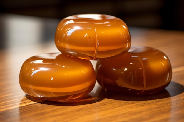 Three glazed donuts sitting on a wooden table