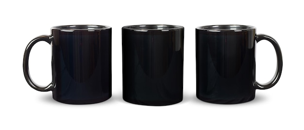 Photo three glossy black mugs sitting boldly on a white background with clipping path around the mugs