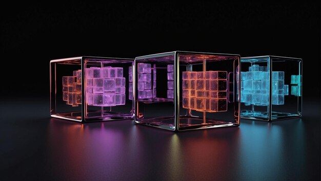 Photo three glowing cubes with smaller cubes inside them