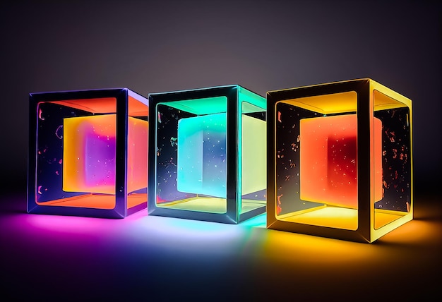 Three glowing fluorescent cubes of different colors on a gray background aigenerated