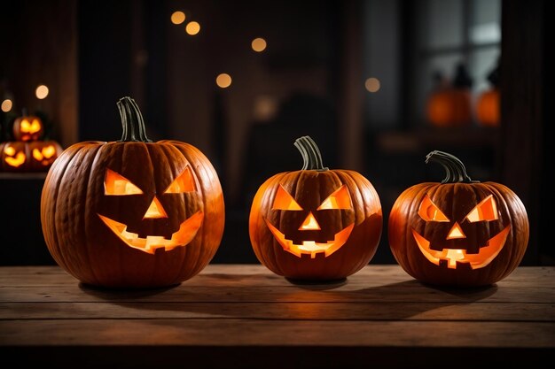 Three glowing jackolantern pumpkins Scary Halloween decor light autumn