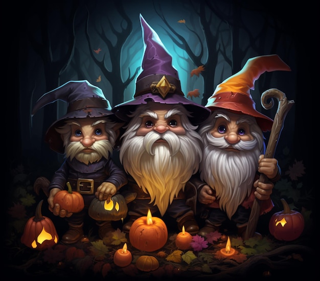 Three gnomes dressed in halloween costumes with pumpkins and candles generative ai