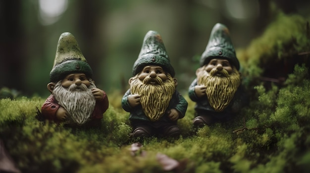 Photo three gnomes on a mossy surface