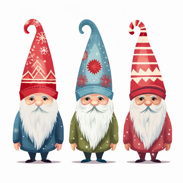 Photo three gnomes with hats and long beards standing next to each other generative ai