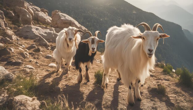 three goats are standing on a rocky hill with a mountain in the background