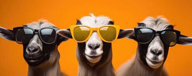 Three Goats in Sunglasses A Quirky Fashion Statement on a Vibrant Yellow Generative AI