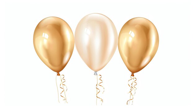 Foto tre palloncini d'oro con nastri su uno sfondo bianco i palloncini sono di diverse sfumature d'oro e hanno una superficie riflettente lucida