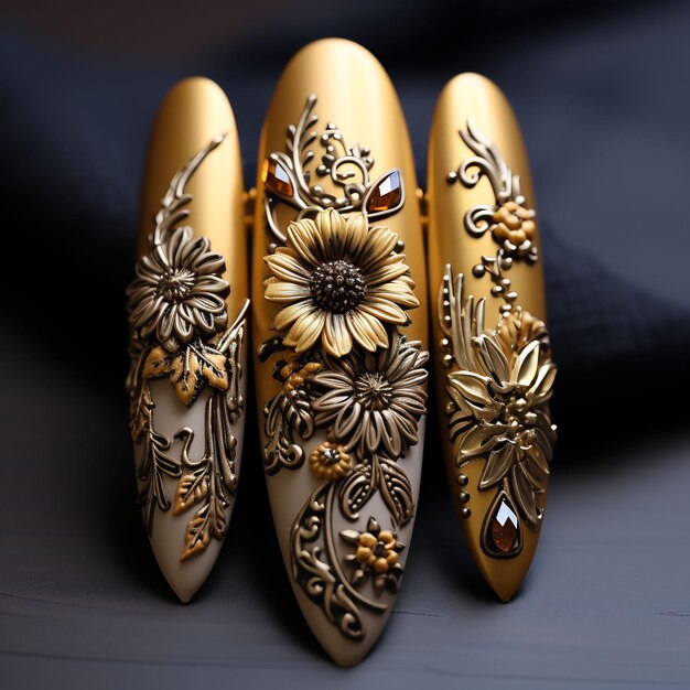 three gold colored manicures with flowers and leaves on them