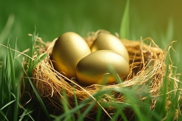 Three gold eggs in a nest with the words golden eggs in the middle