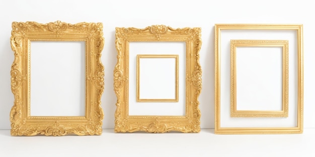 Three gold frames on a white surface