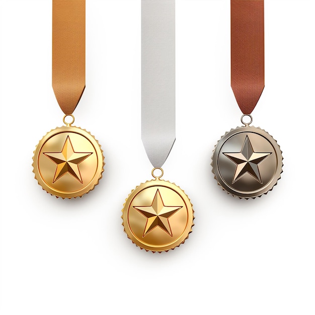 три золотых медали со звездой на них, на которой написано золото