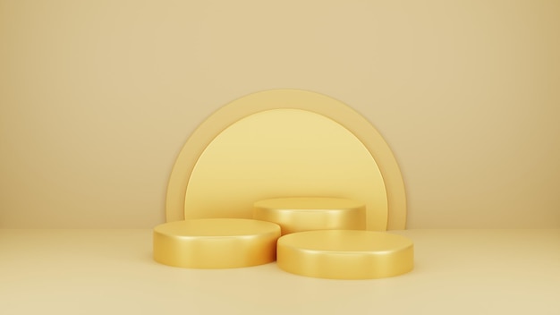 Three gold round objects on a beige background. 3d rendering.