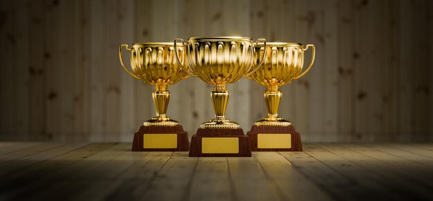 three golden cubes on a wooden table as a reward three winners cubes achievements