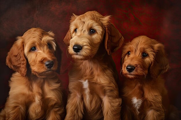 Three golden doodle puppies sitting in shades of light red and gold Generative AI