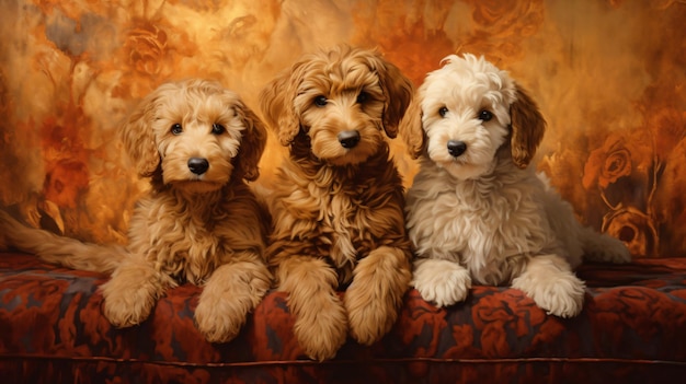 Three golden doodle puppies sitting in shades