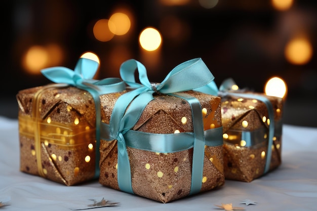 Три золотых подарочных коробки с голубыми луками на фоне фонарей Праздничная карточка Рождественский баннер