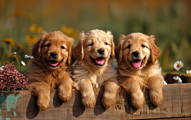 Three Golden Retriever Puppies Sitting on a Fence