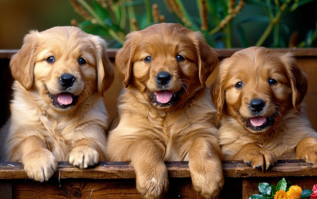 Photo three golden retriever puppies sitting on a fence