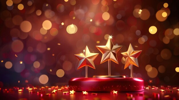 Photo three golden stars on a red podium with a spotlight and bokeh background winner concept for an award ceremony