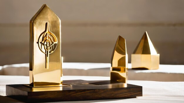 Photo three golden trophies on table