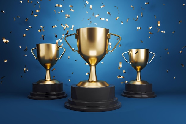 three golden trophies with falling confetti on a blue background symbolizing achievement and victory 3d rendering